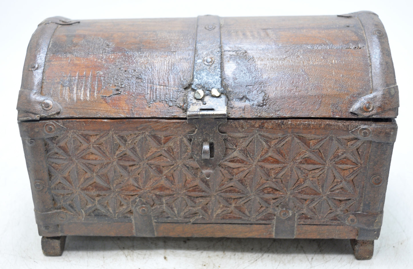 Vintage Wooden Half Round Top Storage Box Original Old Hand Carved
