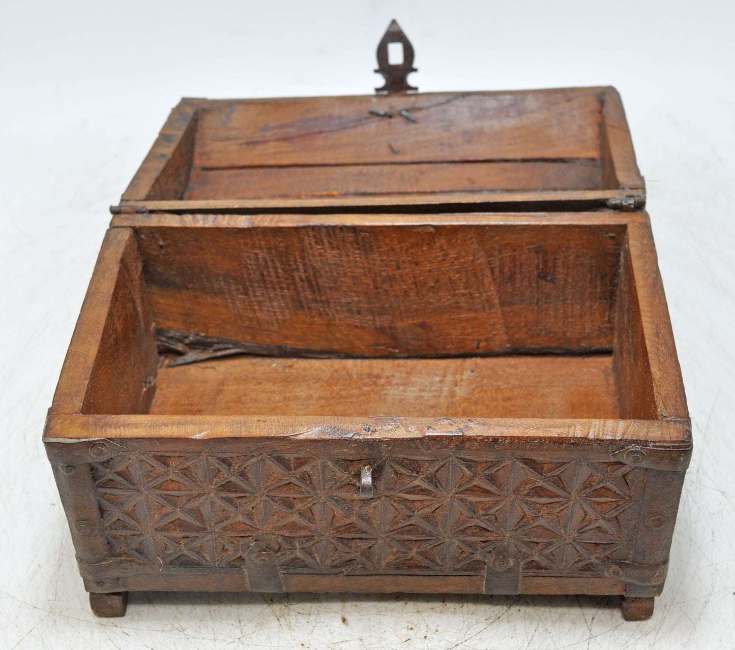 Vintage Wooden Half Round Top Storage Box Original Old Hand Carved
