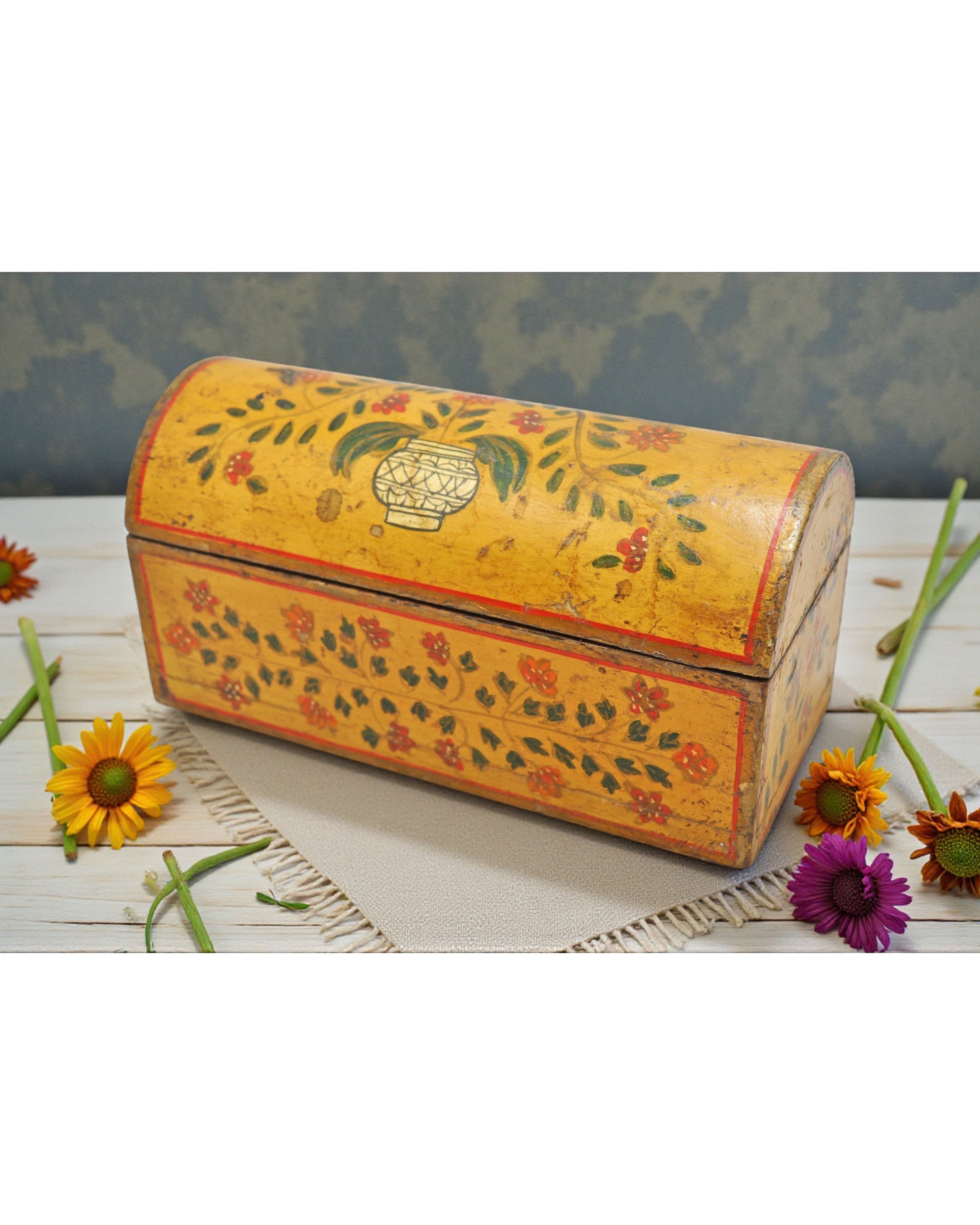 Vintage Wooden Half Round Top Storage Box Original Old Hand Carved Fine Painted