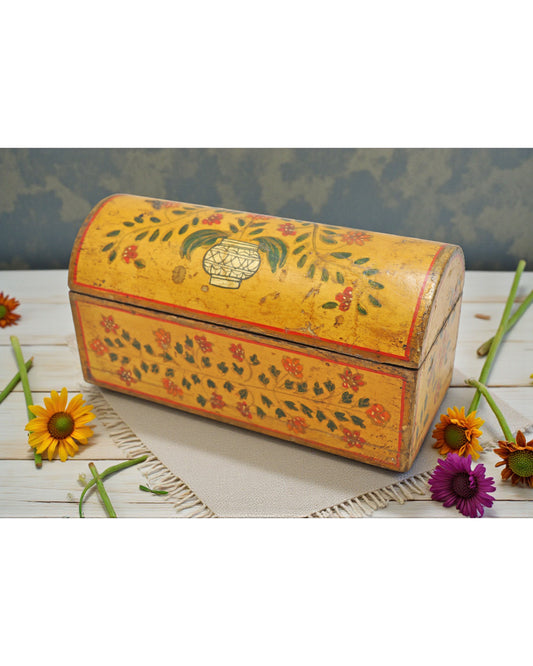 Vintage Wooden Half Round Top Storage Box Original Old Hand Carved Fine Painted