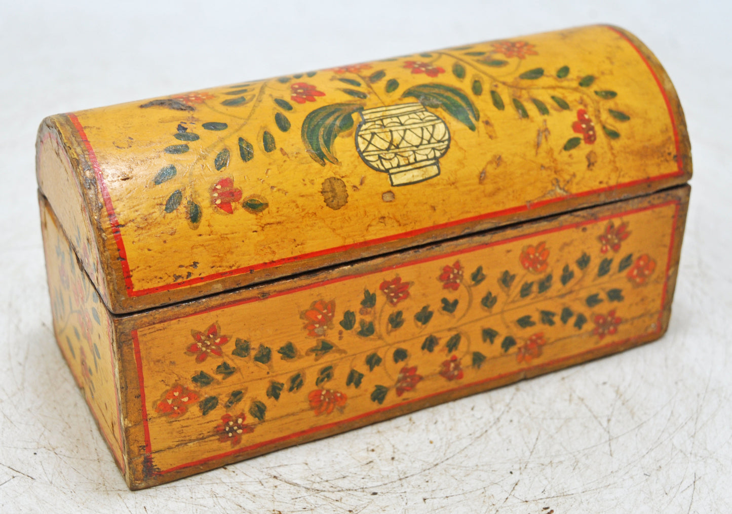 Vintage Wooden Half Round Top Storage Box Original Old Hand Carved Fine Painted
