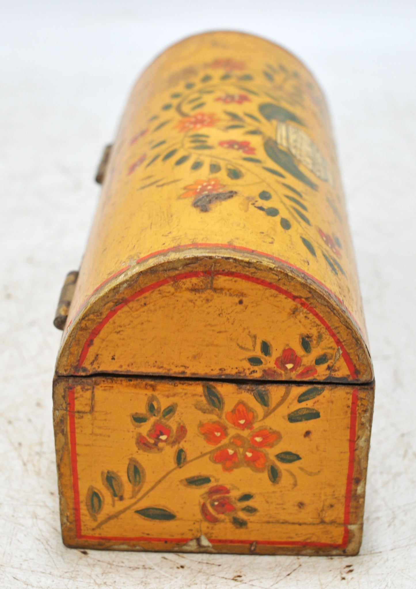 Vintage Wooden Half Round Top Storage Box Original Old Hand Carved Fine Painted