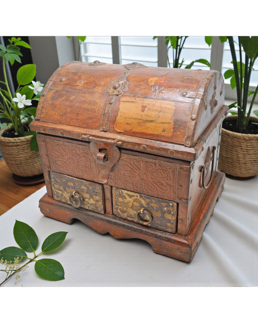 Vintage Wooden Half Round Top Storage Box Original Old Hand Crafted 2 Drawers