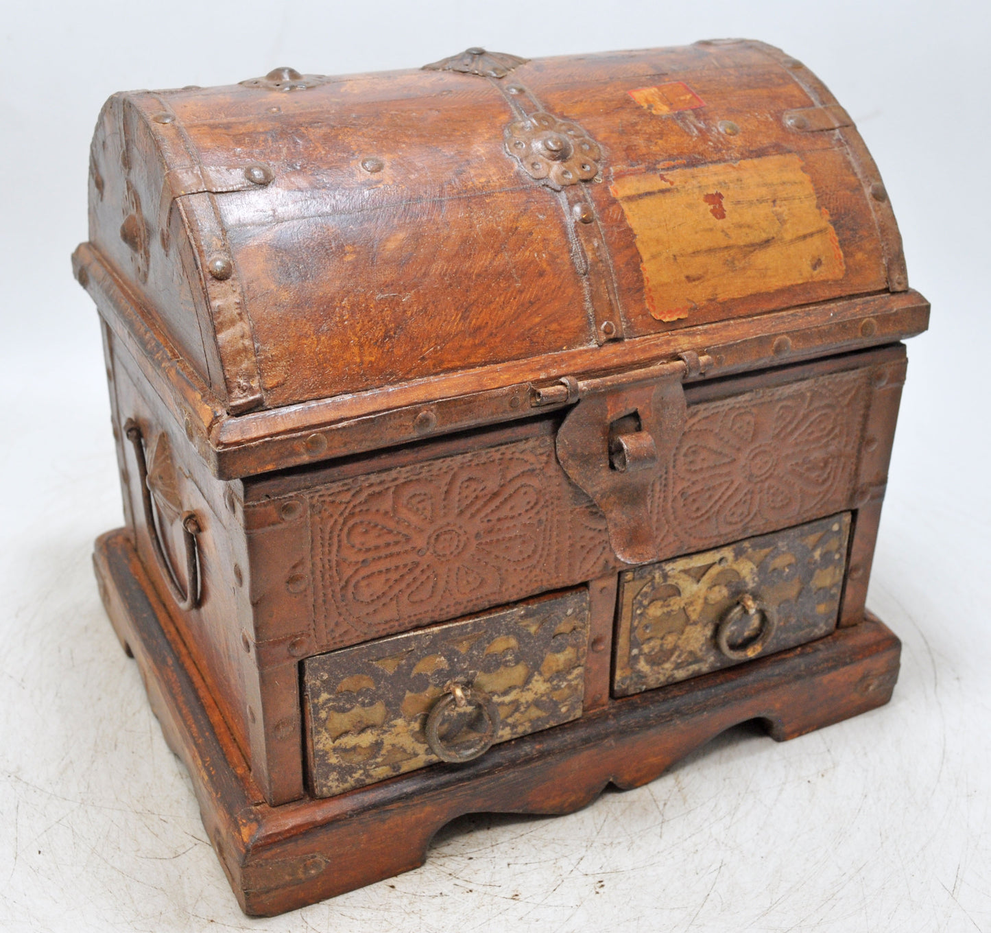 Vintage Wooden Half Round Top Storage Box Original Old Hand Crafted 2 Drawers