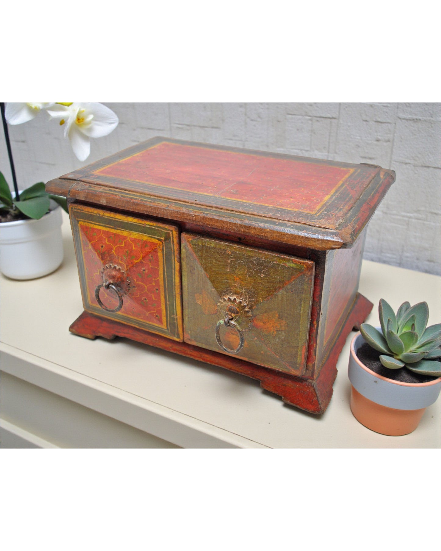 Vintage Wooden 2 Drawers Storage Box Original Old Hand Crafted Painted
