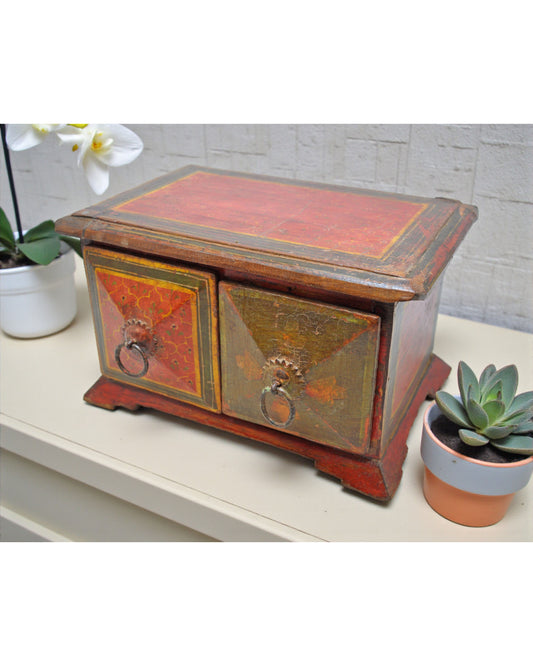 Vintage Wooden 2 Drawers Storage Box Original Old Hand Crafted Painted