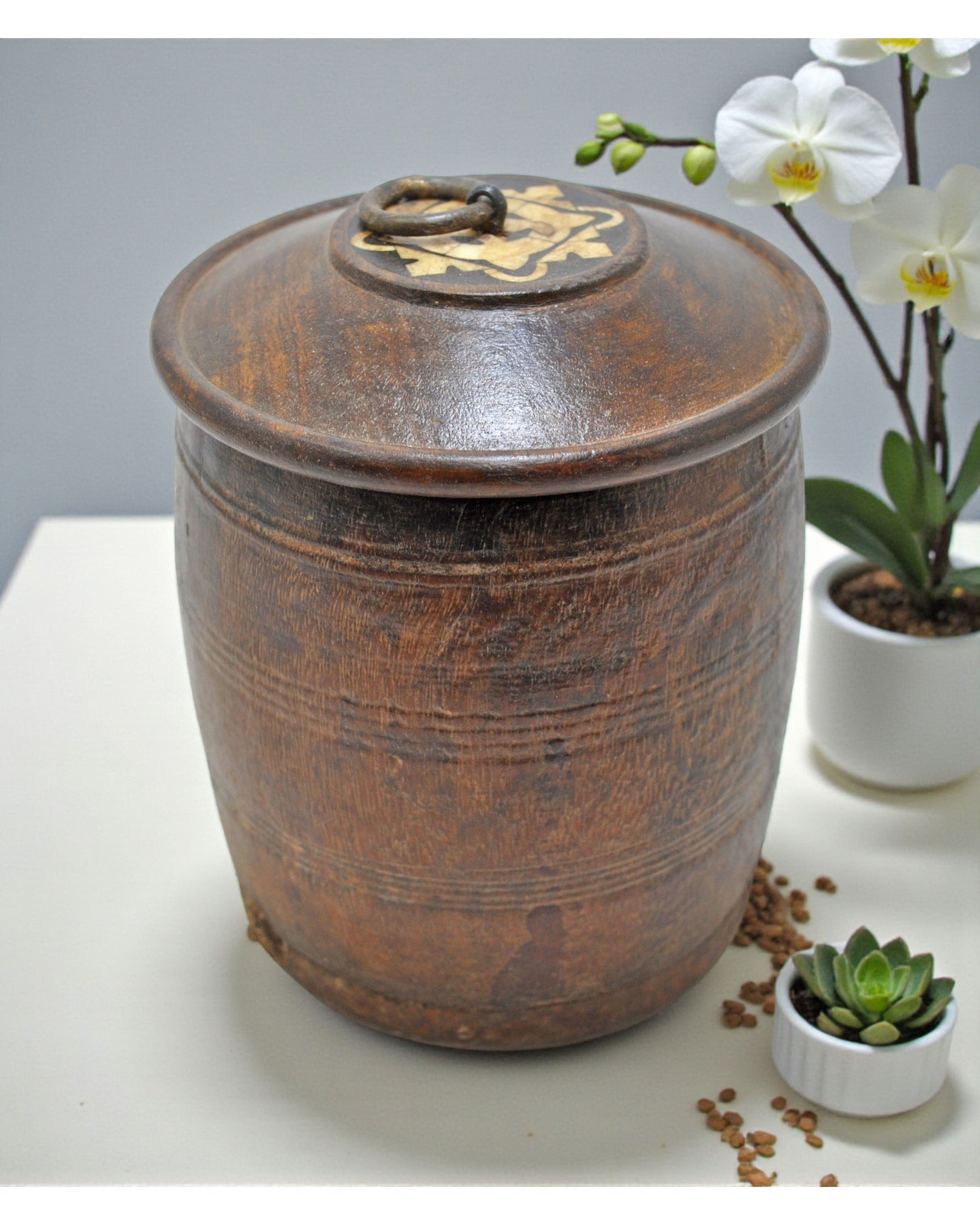 Vintage Wooden Small Round Kum Kum Powder Tika Box Original Old Hand Crafted