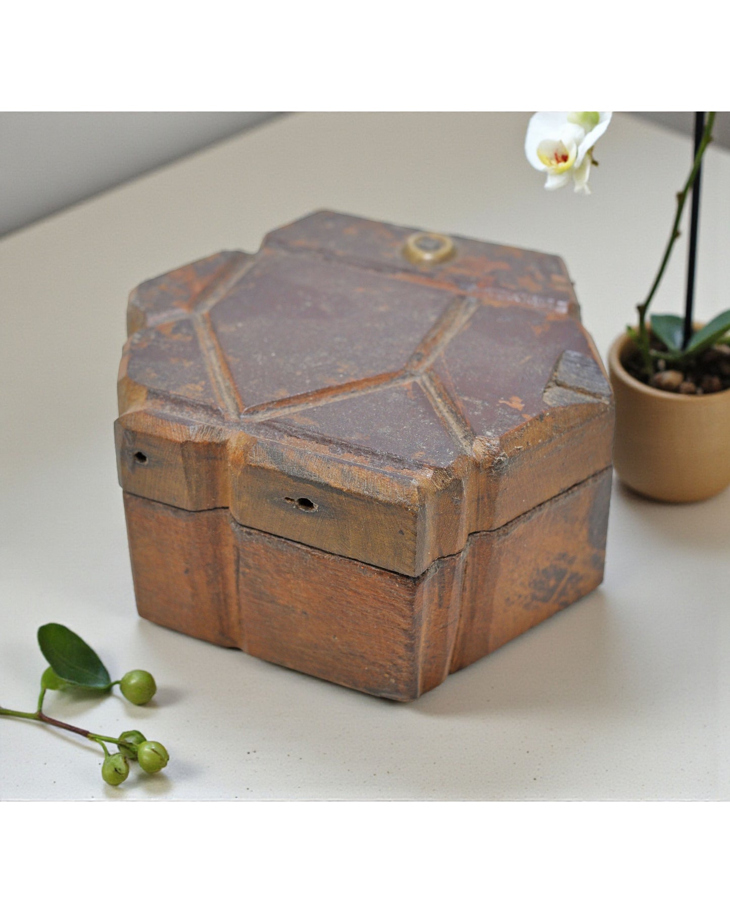 Antique Wooden Kitchenware Spice Box Original Old Hand Carved