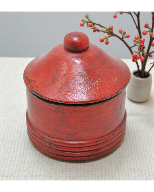 Vintage Wooden Kum Kum Powder Tika Box Original Old Hand Carved Lacquer Painted