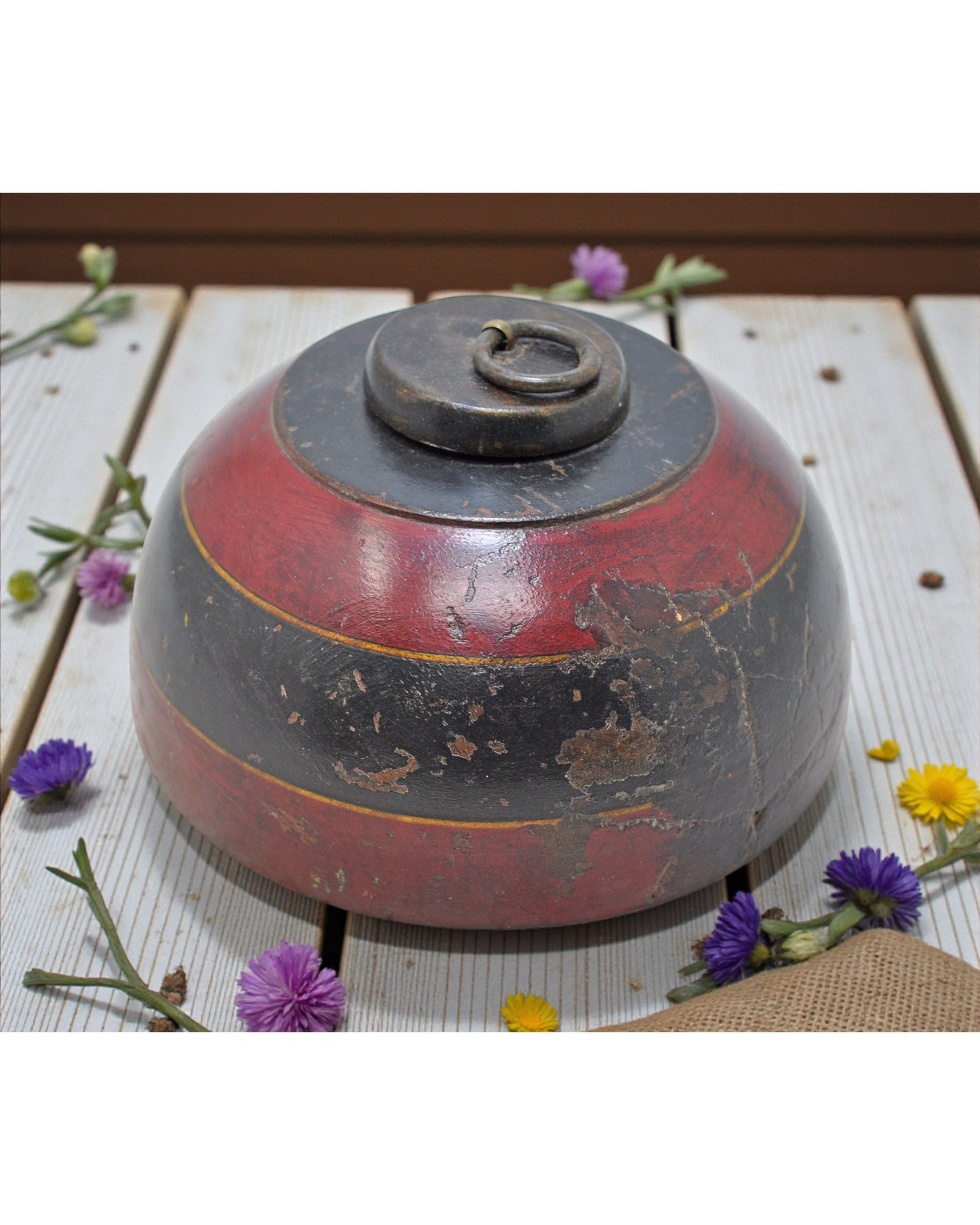 Vintage Wooden Round Tobacco Opium Box Original Old Hand Carved