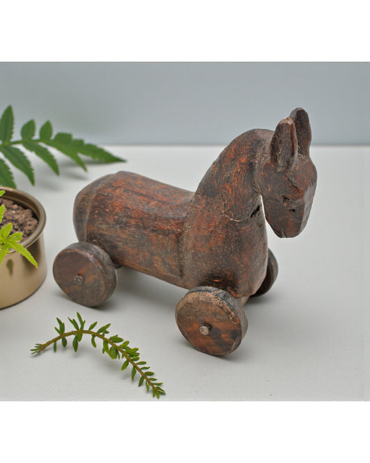 Vintage Wooden Horse on Wheels Figurine Original Old Hand Carved