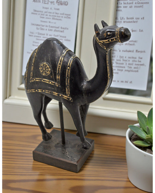 Vintage Wooden Camel Figurine on Stand Original Old Hand Carved Brass Fitted