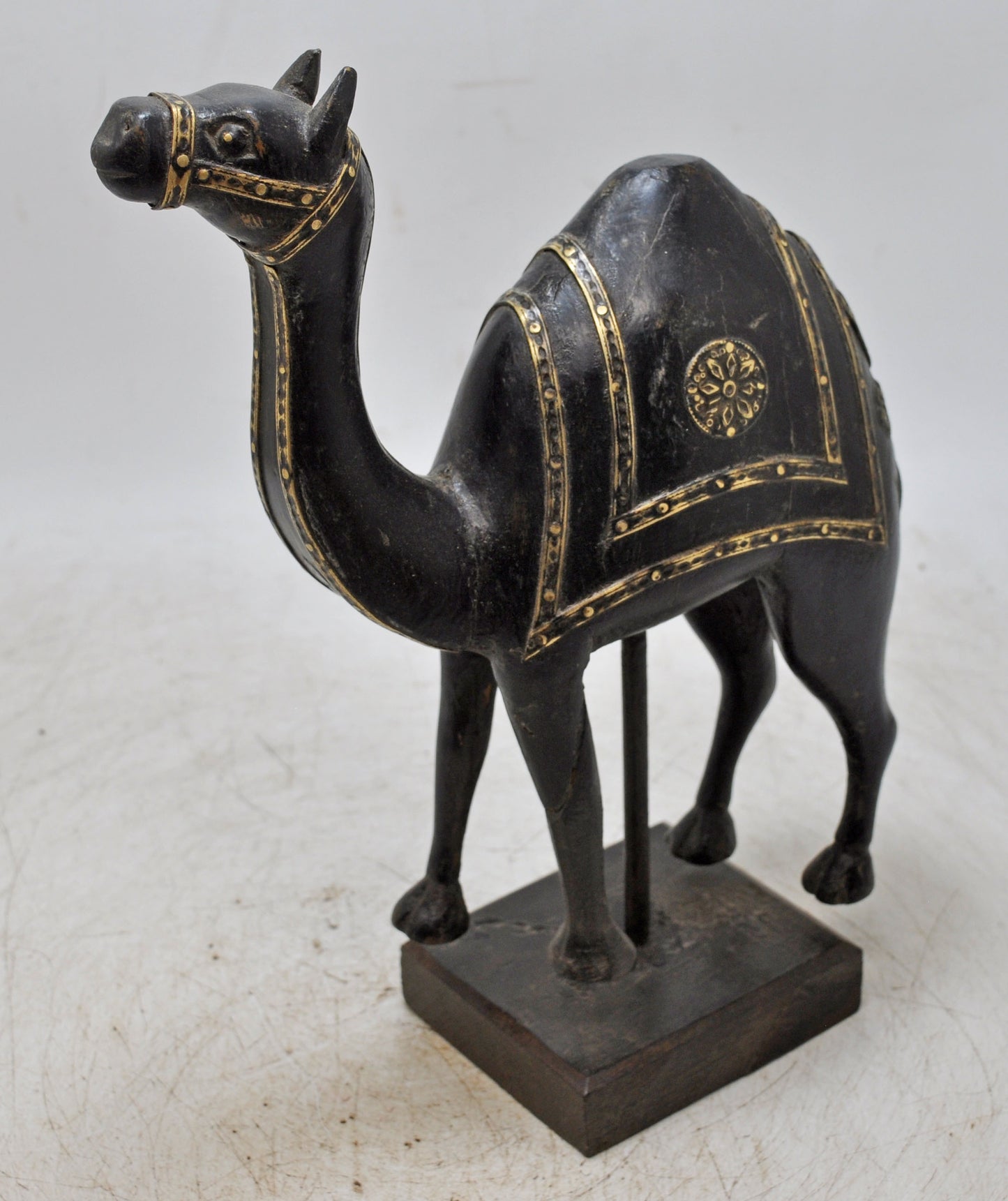 Vintage Wooden Camel Figurine on Stand Original Old Hand Carved Brass Fitted