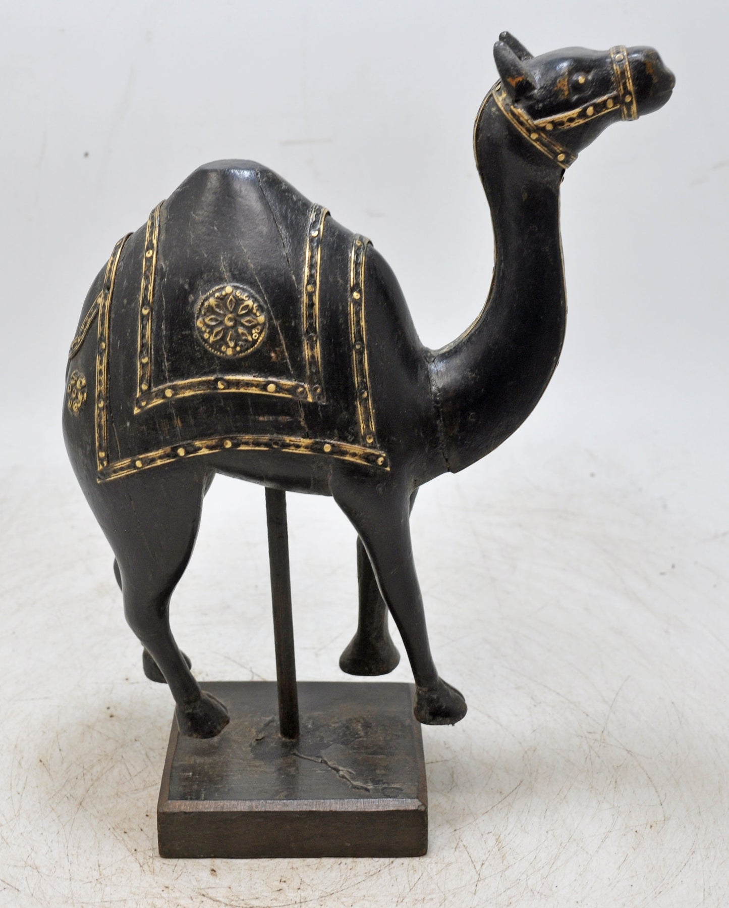 Vintage Wooden Camel Figurine on Stand Original Old Hand Carved Brass Fitted
