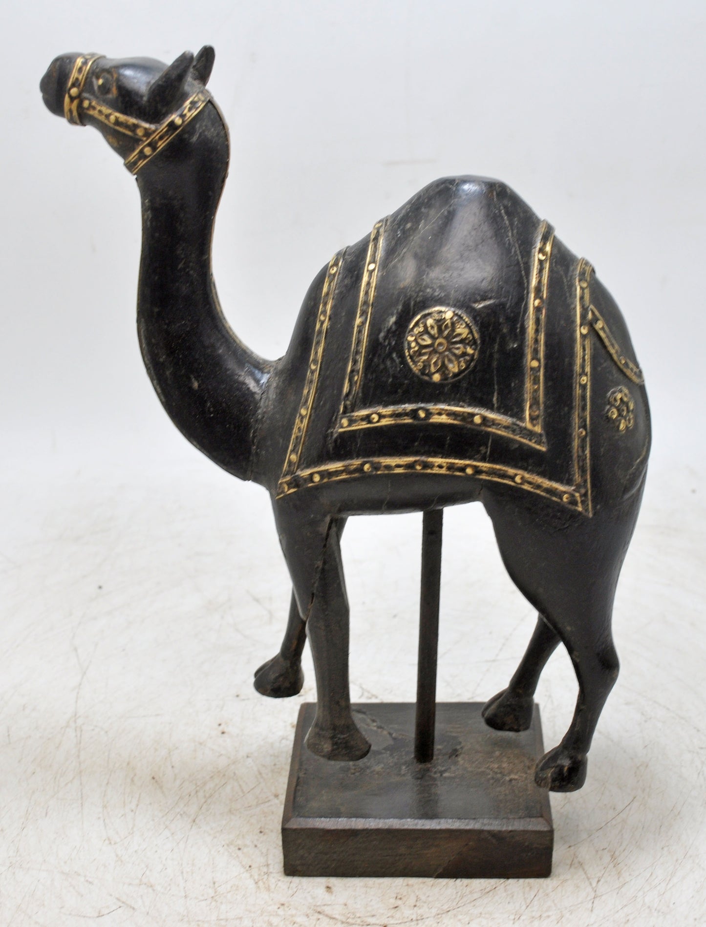 Vintage Wooden Camel Figurine on Stand Original Old Hand Carved Brass Fitted
