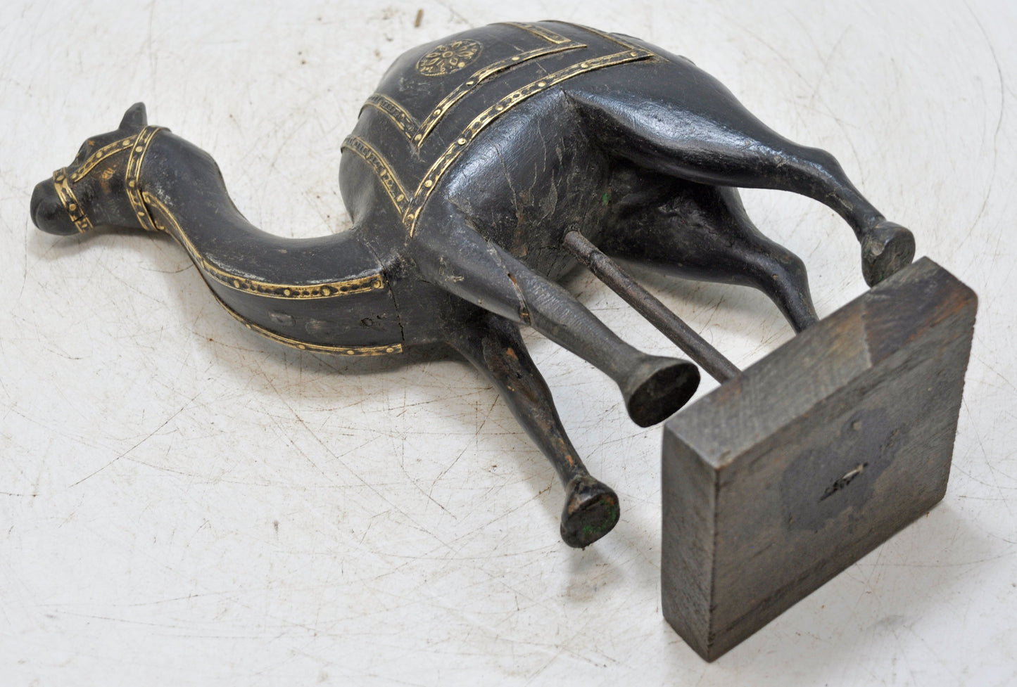 Vintage Wooden Camel Figurine on Stand Original Old Hand Carved Brass Fitted