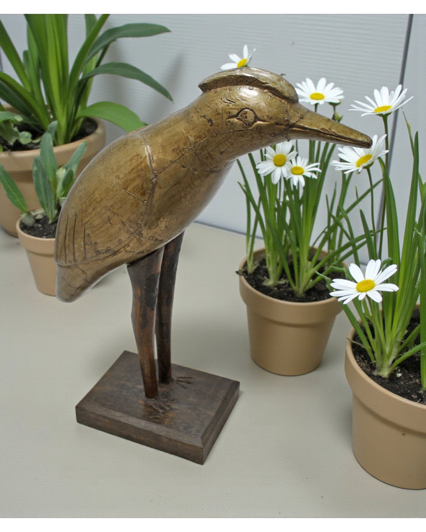 Vintage Wooden Bird Figurine Original Old Hand Carved Brass Fitted