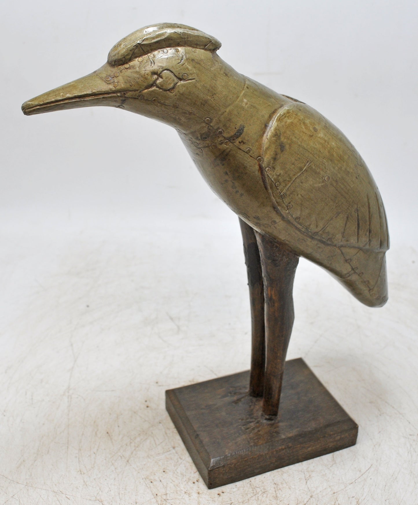 Vintage Wooden Bird Figurine Original Old Hand Carved Brass Fitted