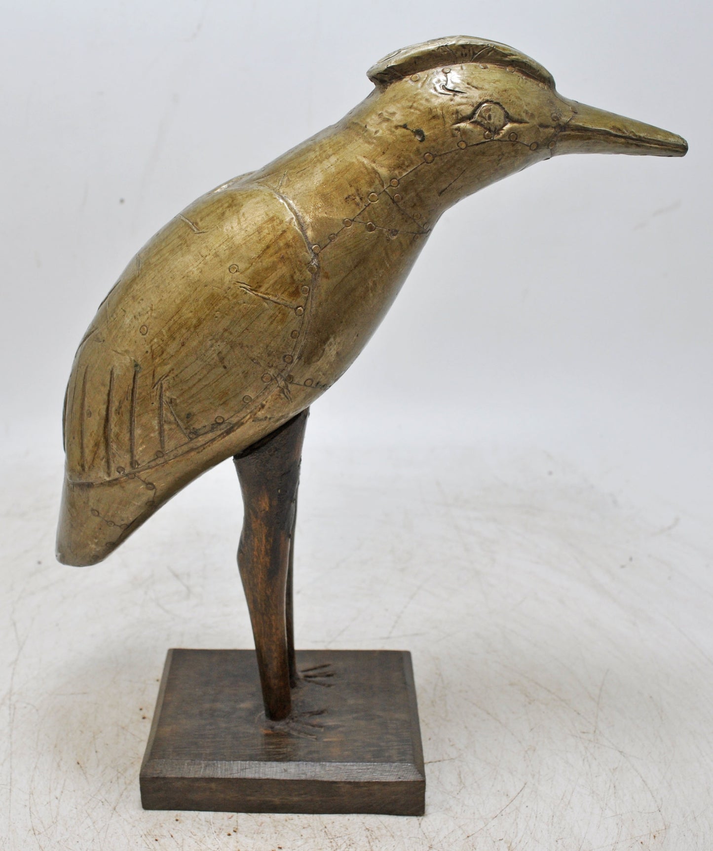 Vintage Wooden Bird Figurine Original Old Hand Carved Brass Fitted