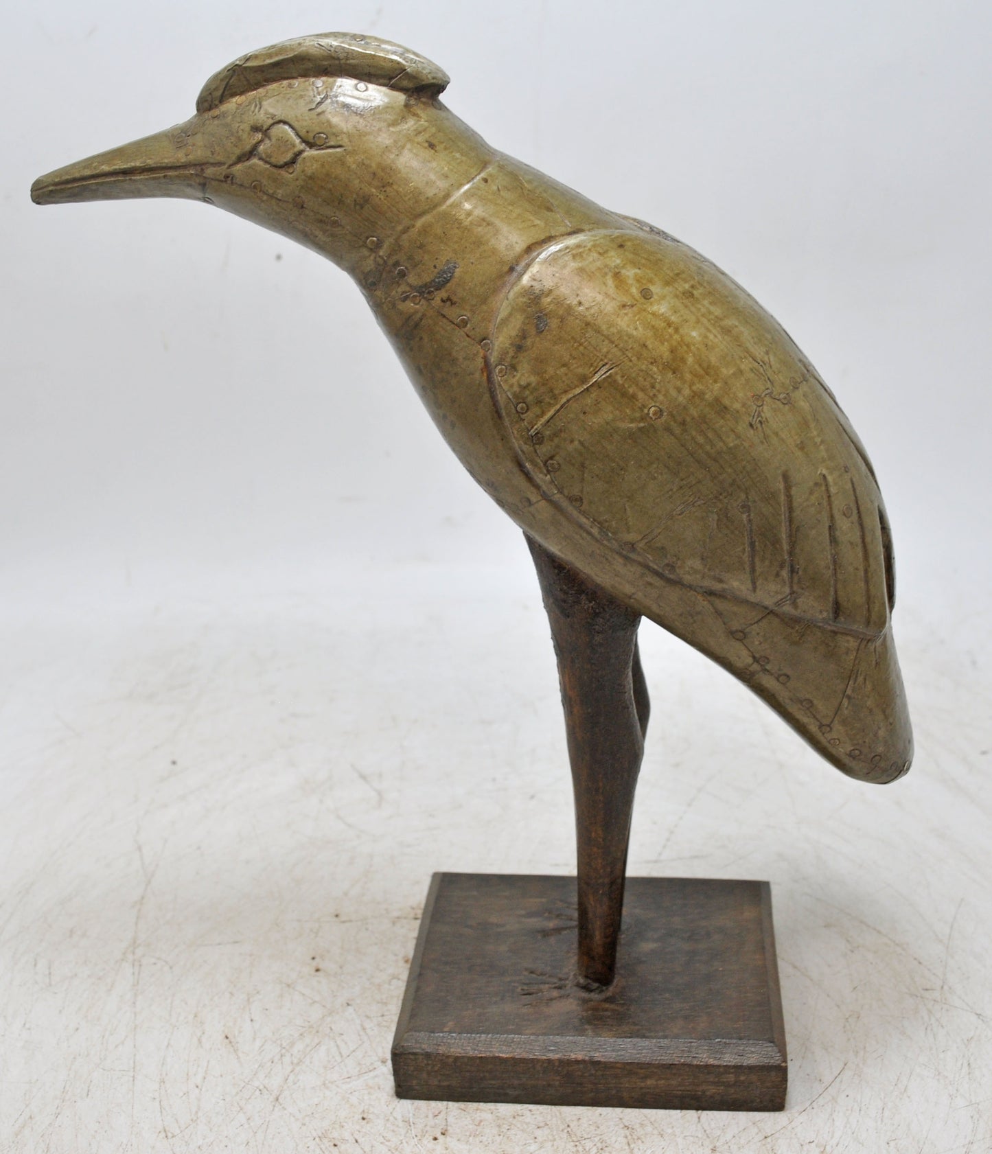 Vintage Wooden Bird Figurine Original Old Hand Carved Brass Fitted