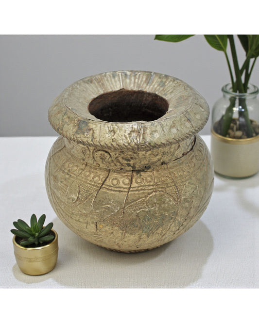 Antique Wooden Water Drinking Lota Pot Original Old Hand Carved White Metal Fitted