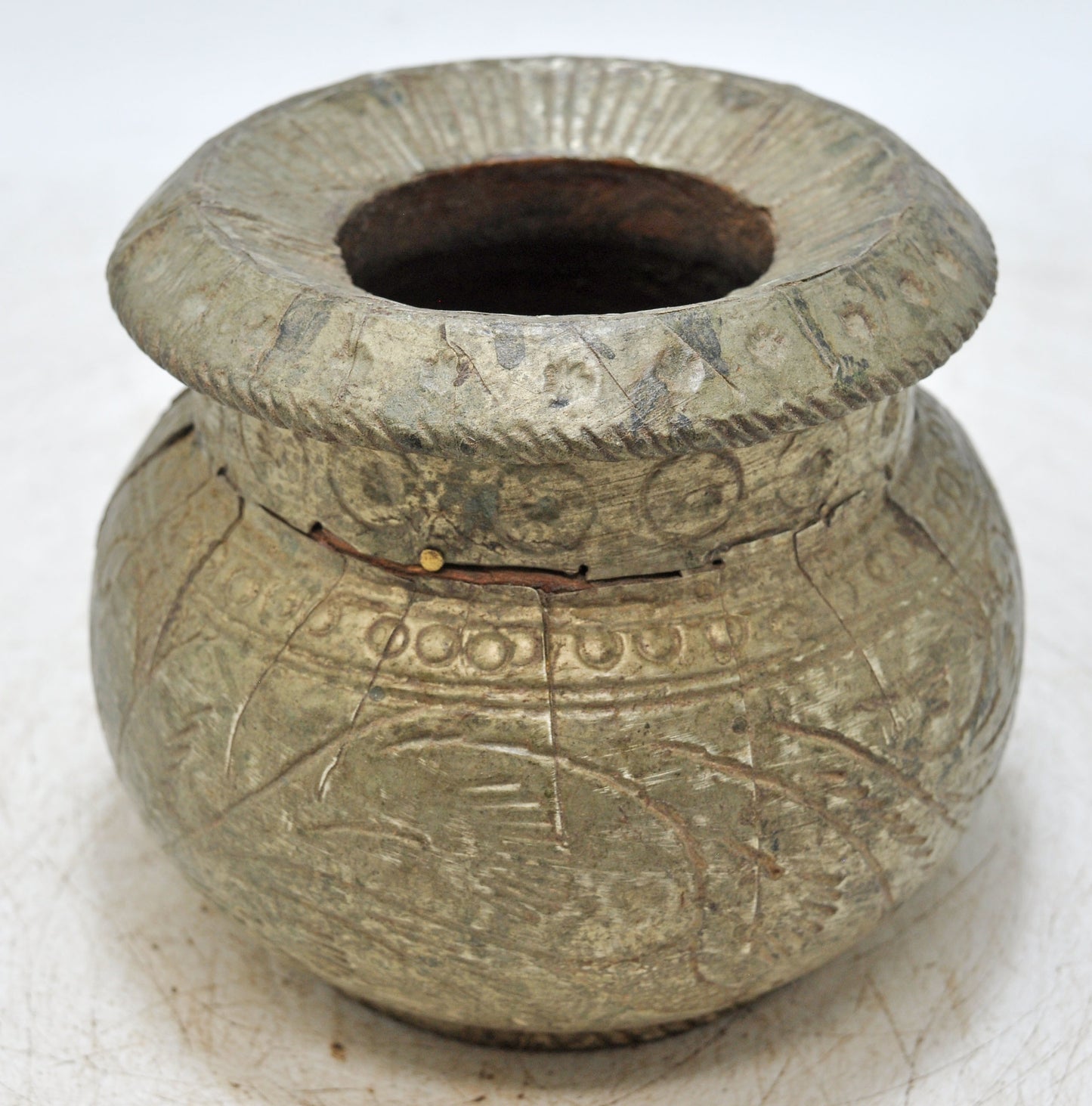 Antique Wooden Water Drinking Lota Pot Original Old Hand Carved White Metal Fitted