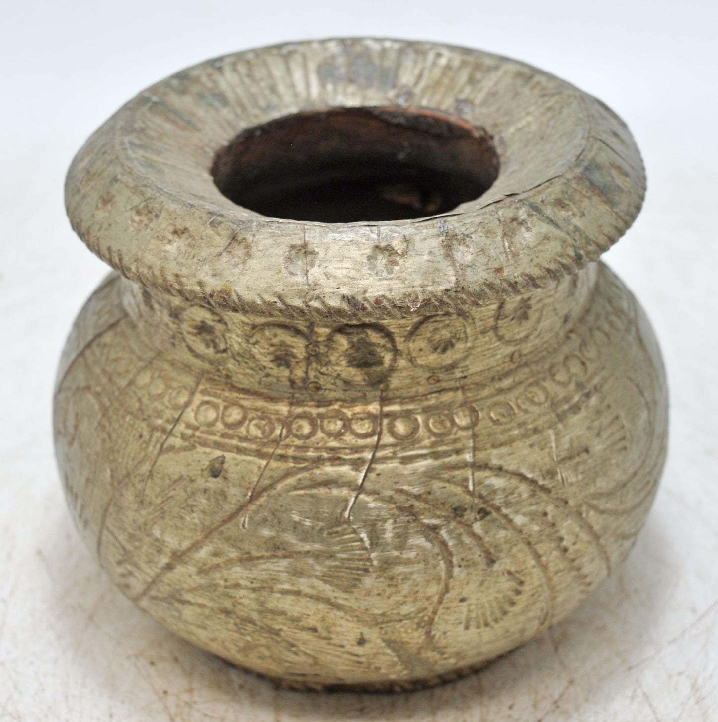 Antique Wooden Water Drinking Lota Pot Original Old Hand Carved White Metal Fitted