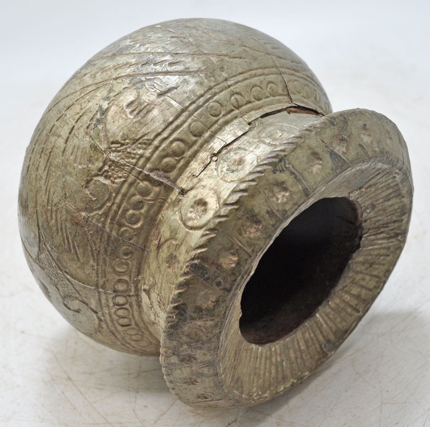 Antique Wooden Water Drinking Lota Pot Original Old Hand Carved White Metal Fitted