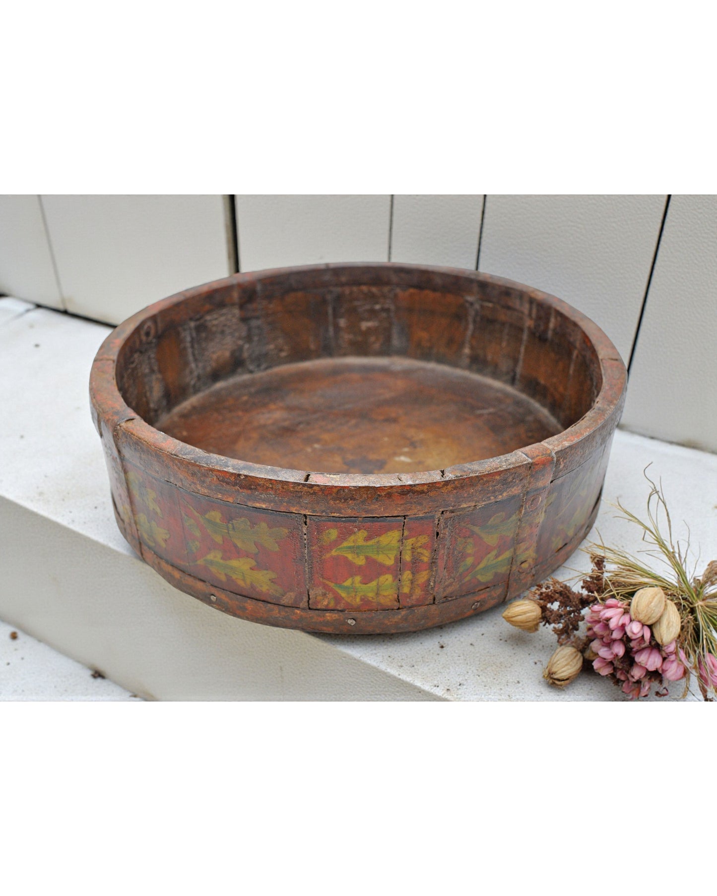 Vintage Wooden Round Basket Original Old Hand Crafted Painted
