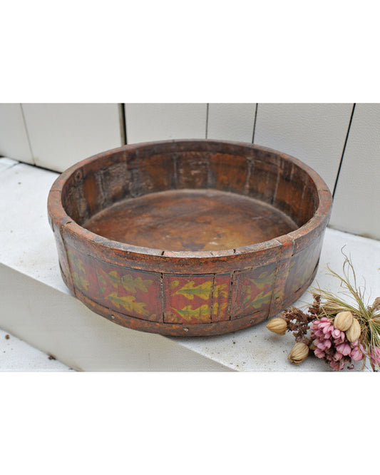 Vintage Wooden Round Basket Original Old Hand Crafted Painted