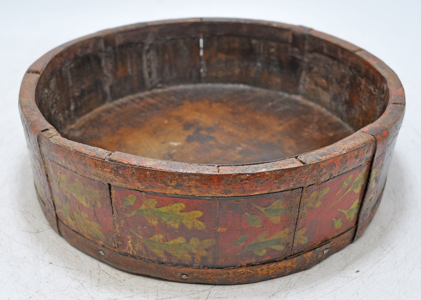 Vintage Wooden Round Basket Original Old Hand Crafted Painted