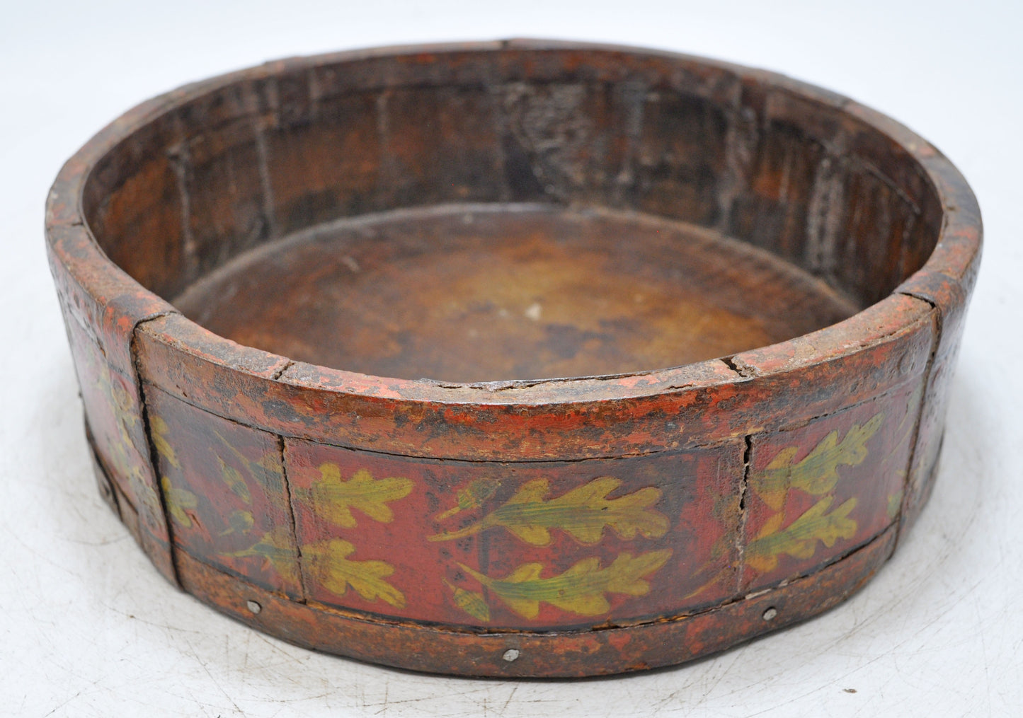 Vintage Wooden Round Basket Original Old Hand Crafted Painted