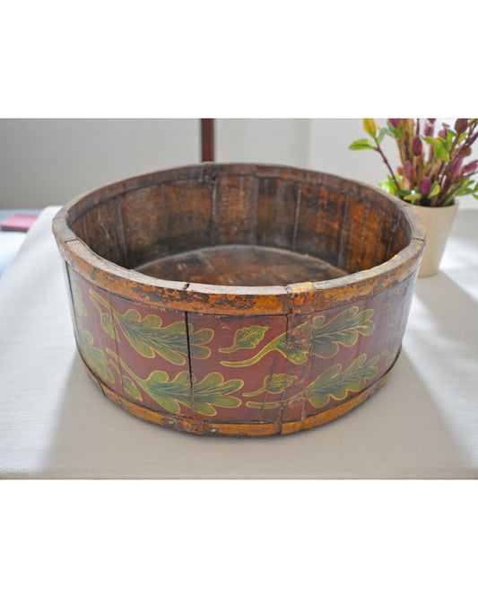 Vintage Wooden Round Basket Original Old Hand Crafted Painted