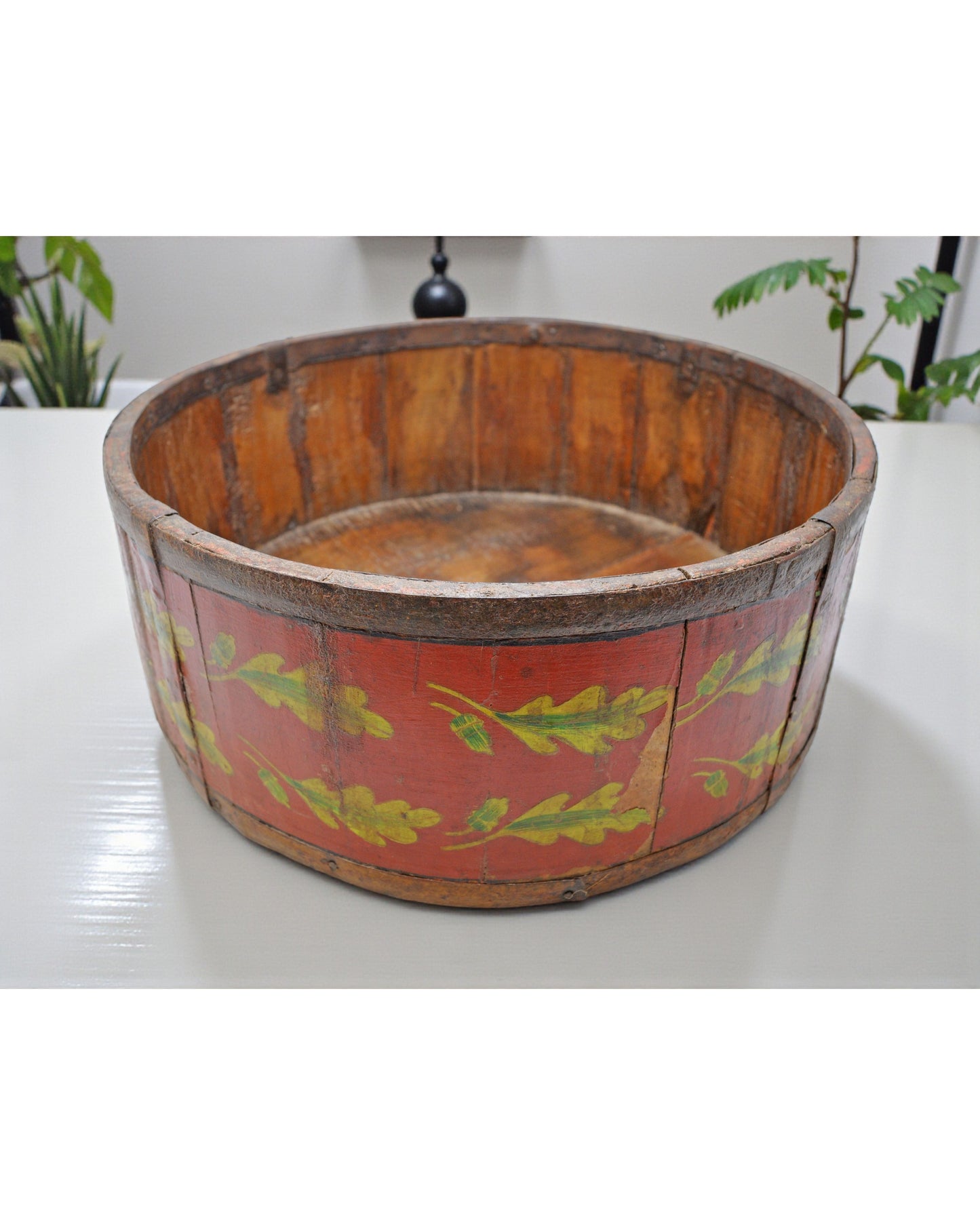 Vintage Wooden Round Basket Original Old Hand Crafted Painted