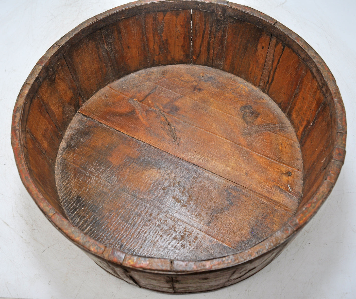 Vintage Wooden Round Basket Original Old Hand Crafted Painted