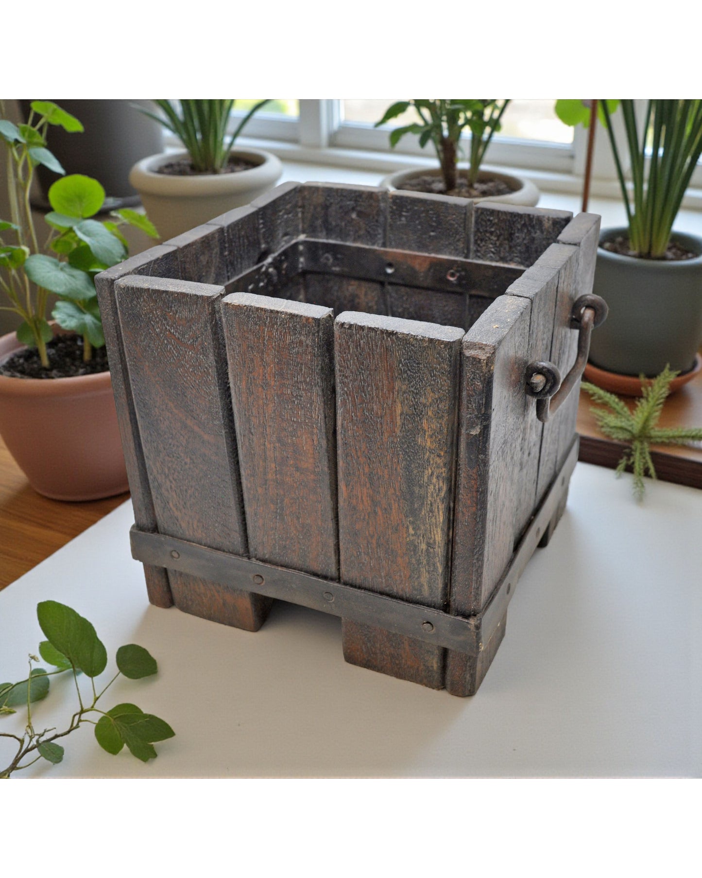 Vintage Wooden Square Basket Original Old Hand Crafted