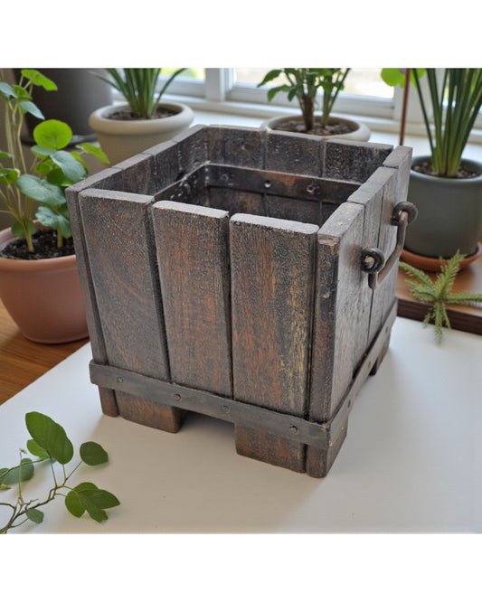 Vintage Wooden Square Basket Original Old Hand Crafted