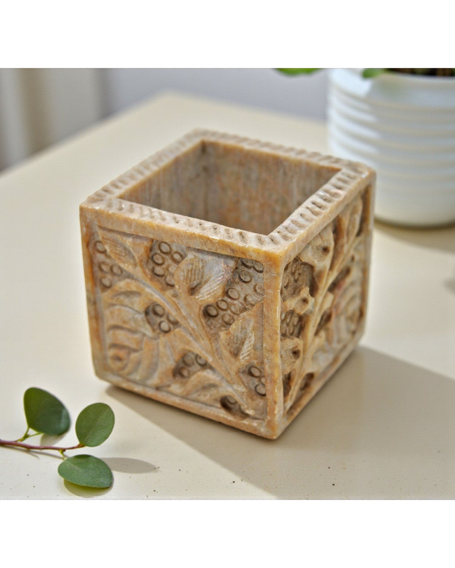 Vintage Stone Square Small Container Pot Original Old Hand Carved