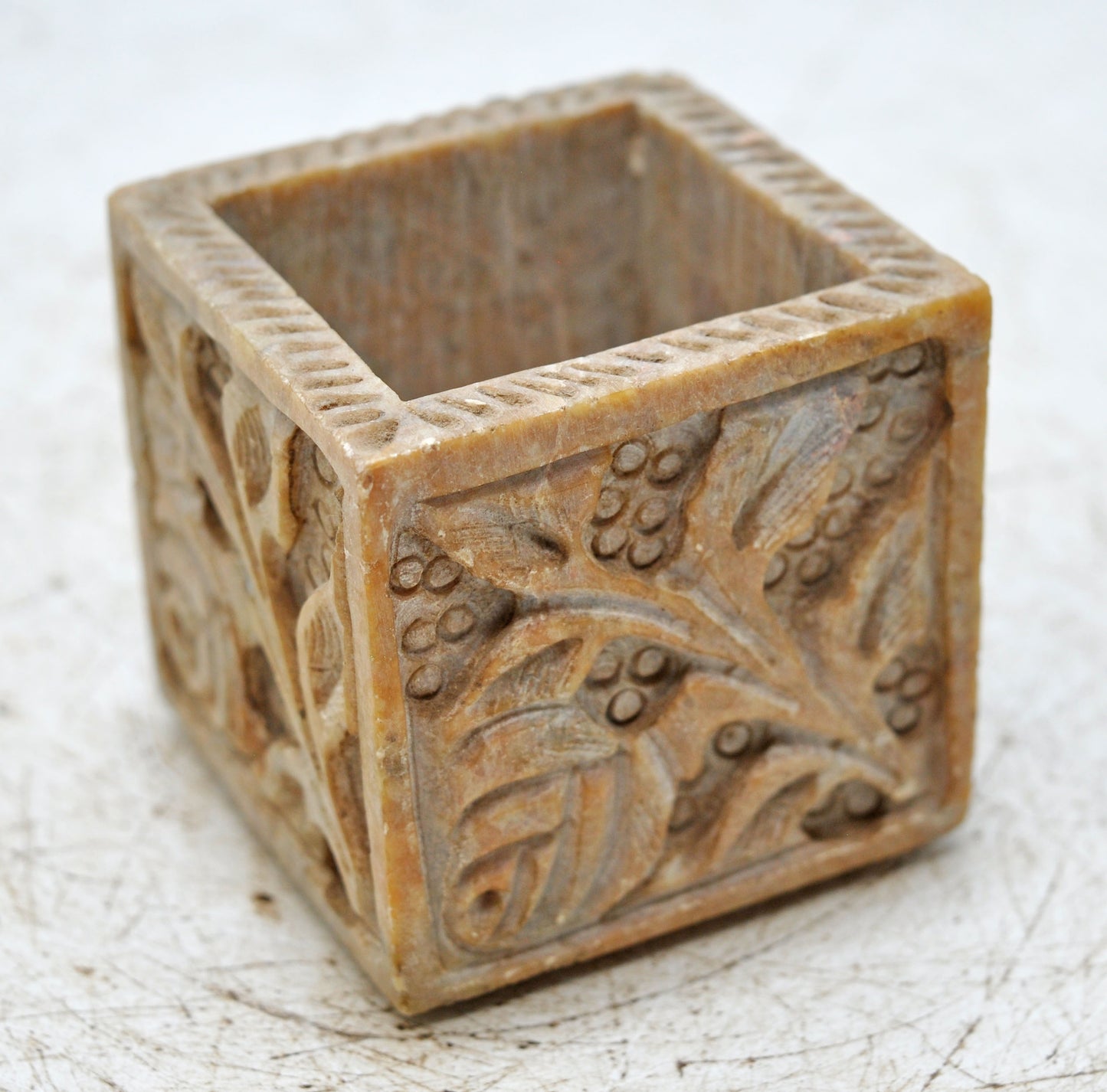 Vintage Stone Square Small Container Pot Original Old Hand Carved