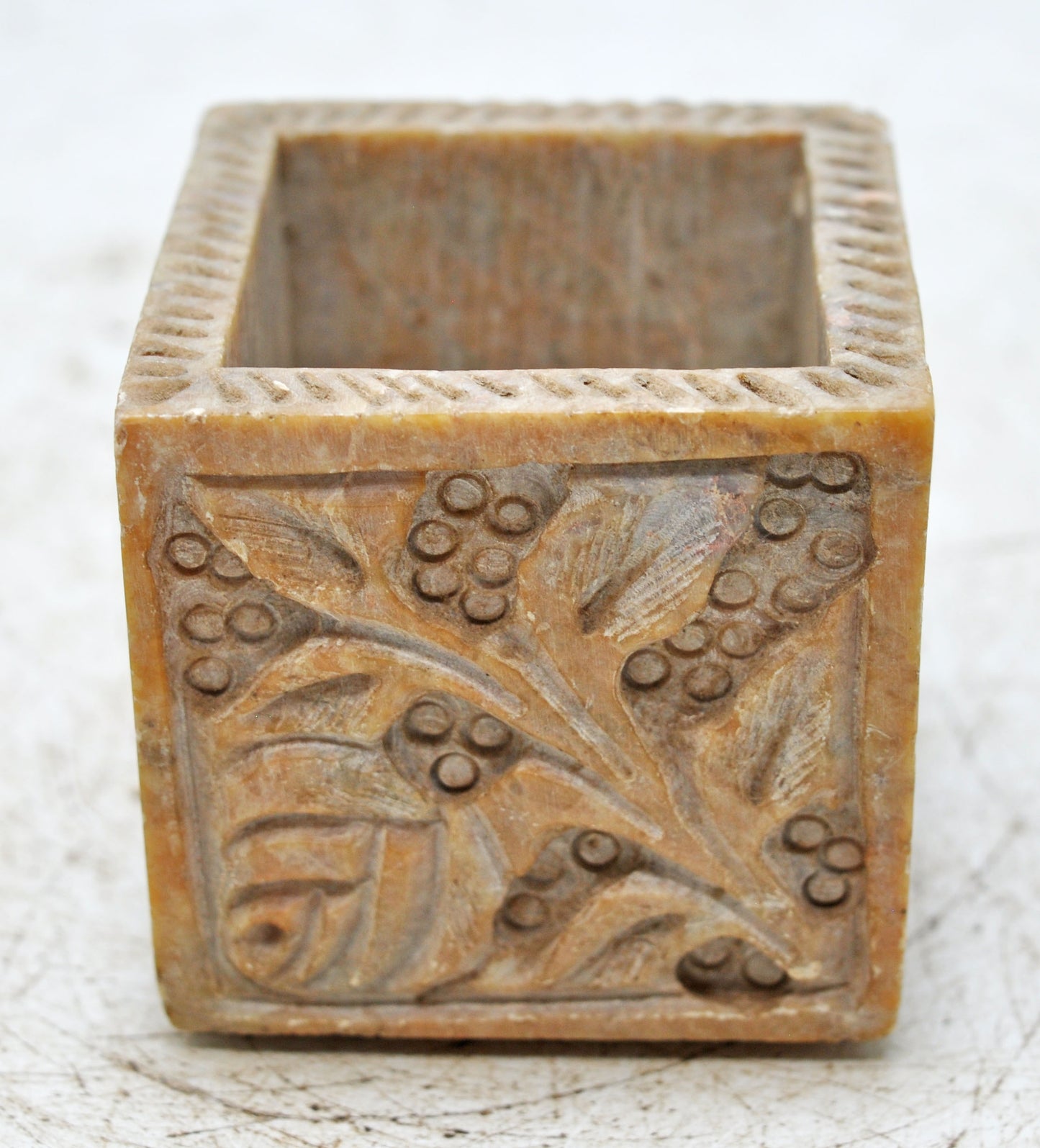 Vintage Stone Square Small Container Pot Original Old Hand Carved