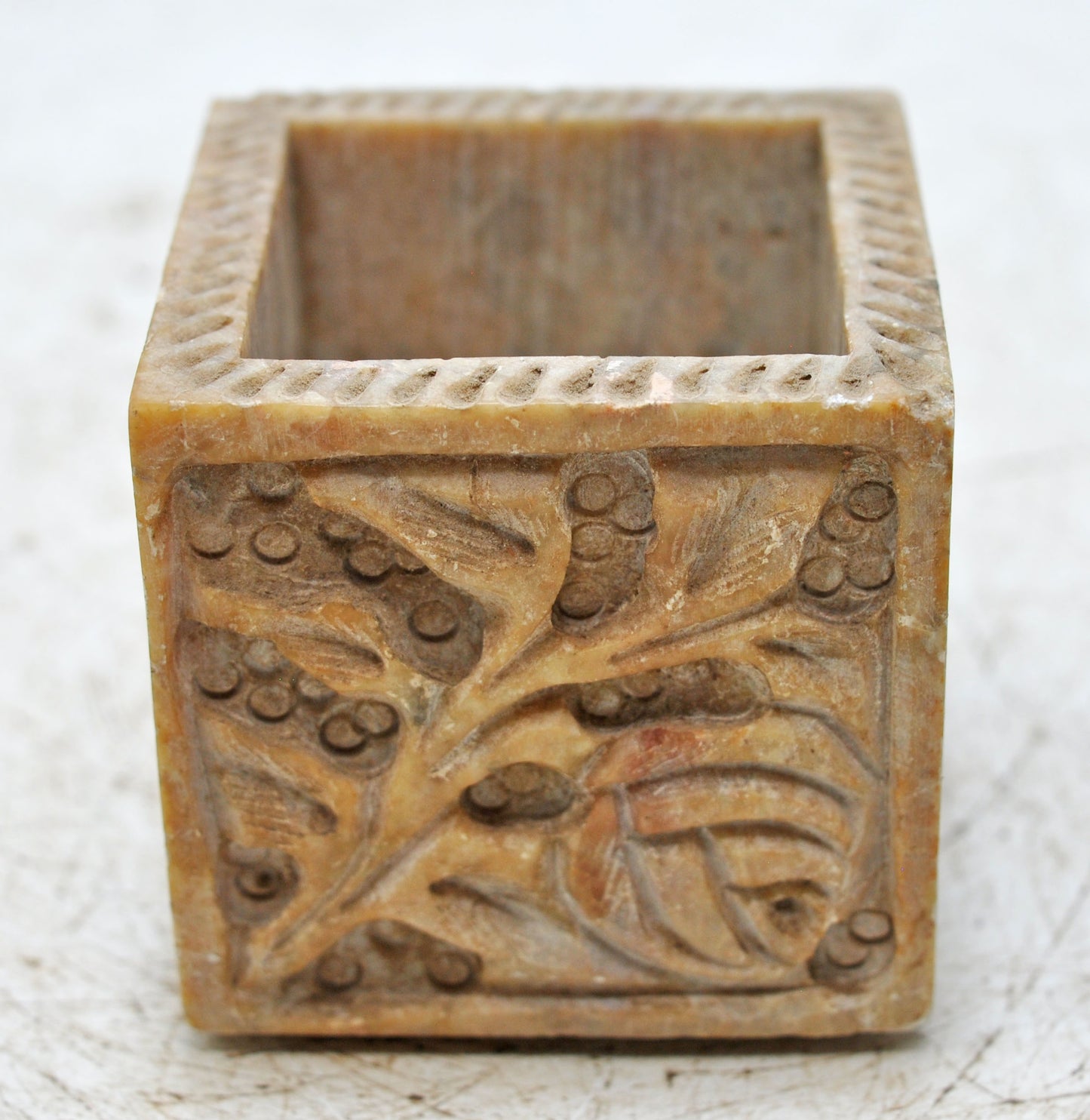 Vintage Stone Square Small Container Pot Original Old Hand Carved