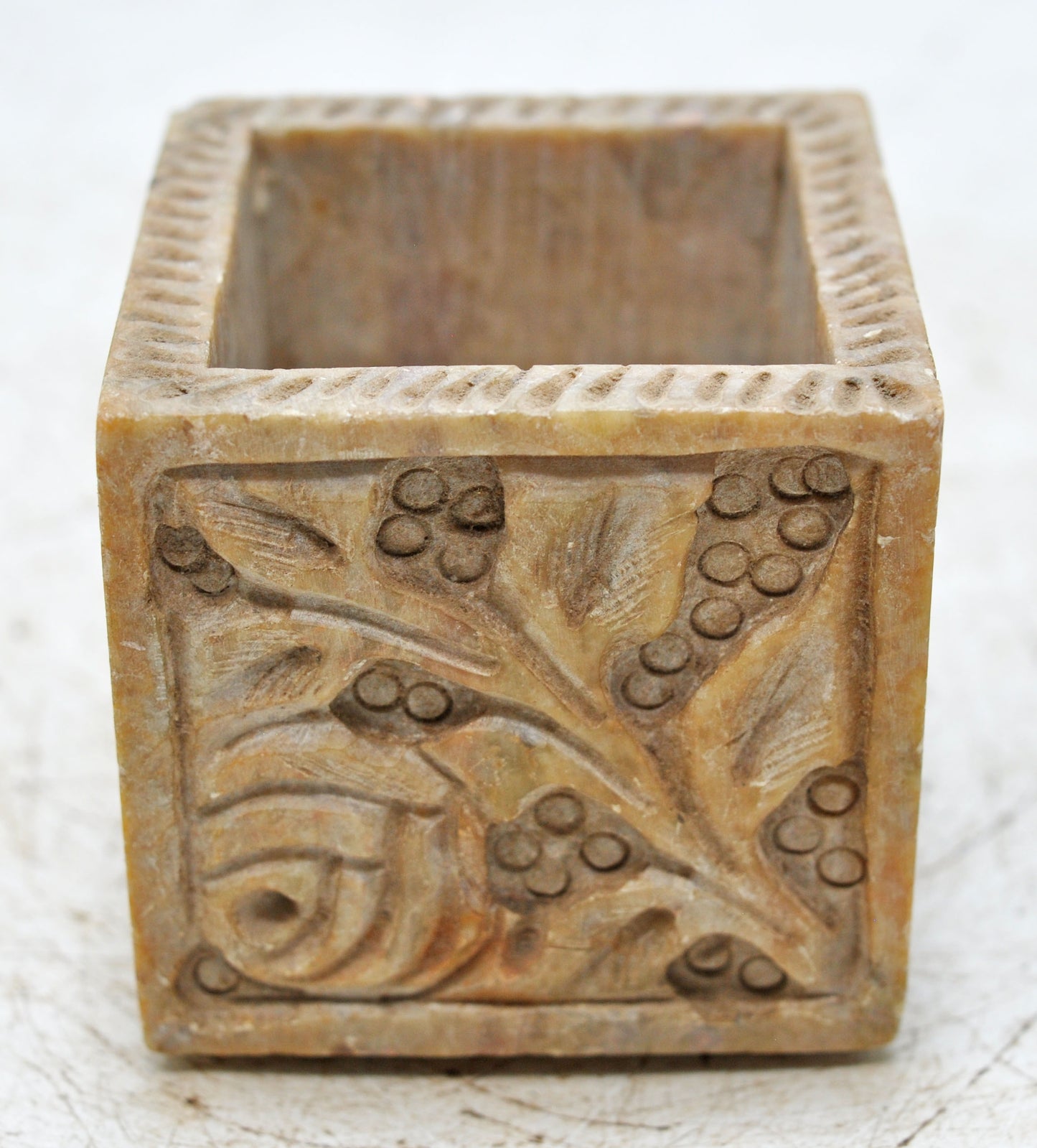 Vintage Stone Square Small Container Pot Original Old Hand Carved