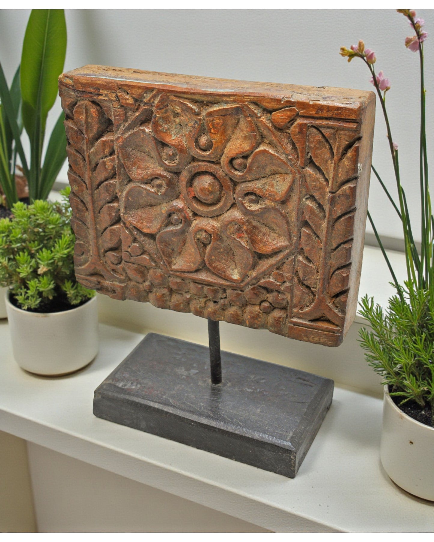 Antique Wooden Floral Carving Panel Plaque on Stand Original Old Hand Carved