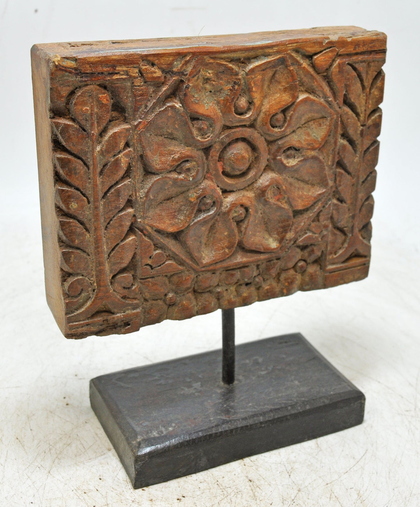 Antique Wooden Floral Carving Panel Plaque on Stand Original Old Hand Carved