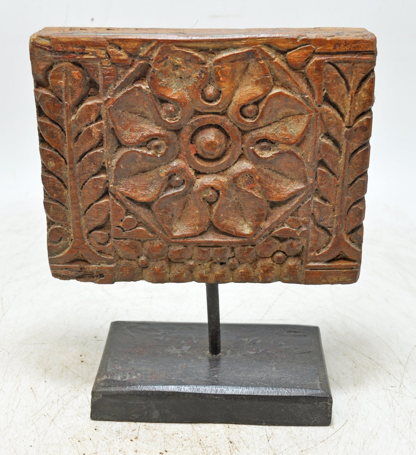 Antique Wooden Floral Carving Panel Plaque on Stand Original Old Hand Carved