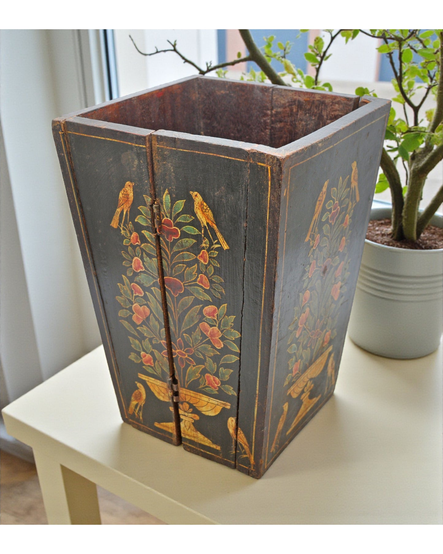 Vintage Wooden Foldable Planter Pot Original Old Fine Floral Painted