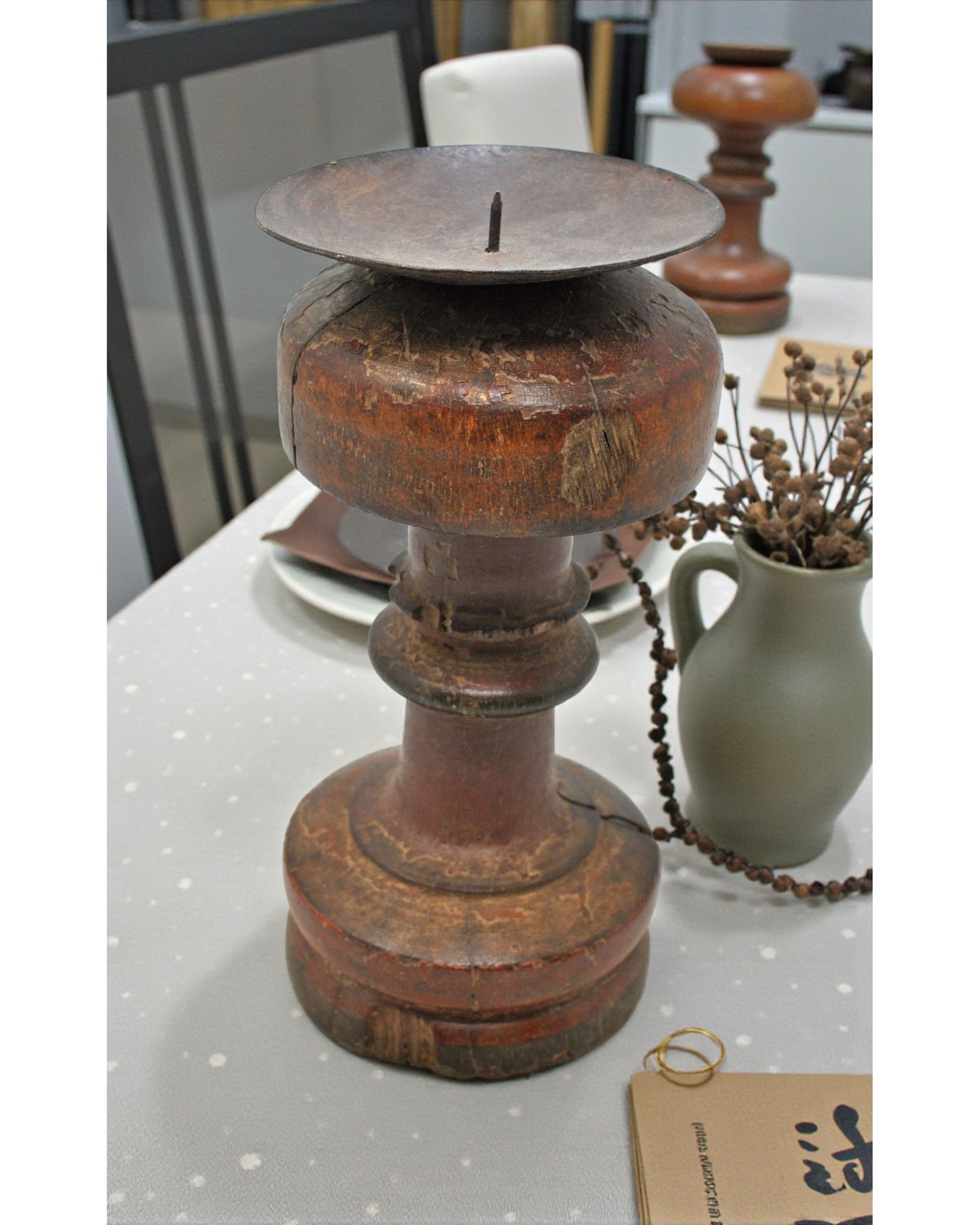 Antique Wooden Paga Leg Candle Holder Stand Original Old Hand Carved Painted