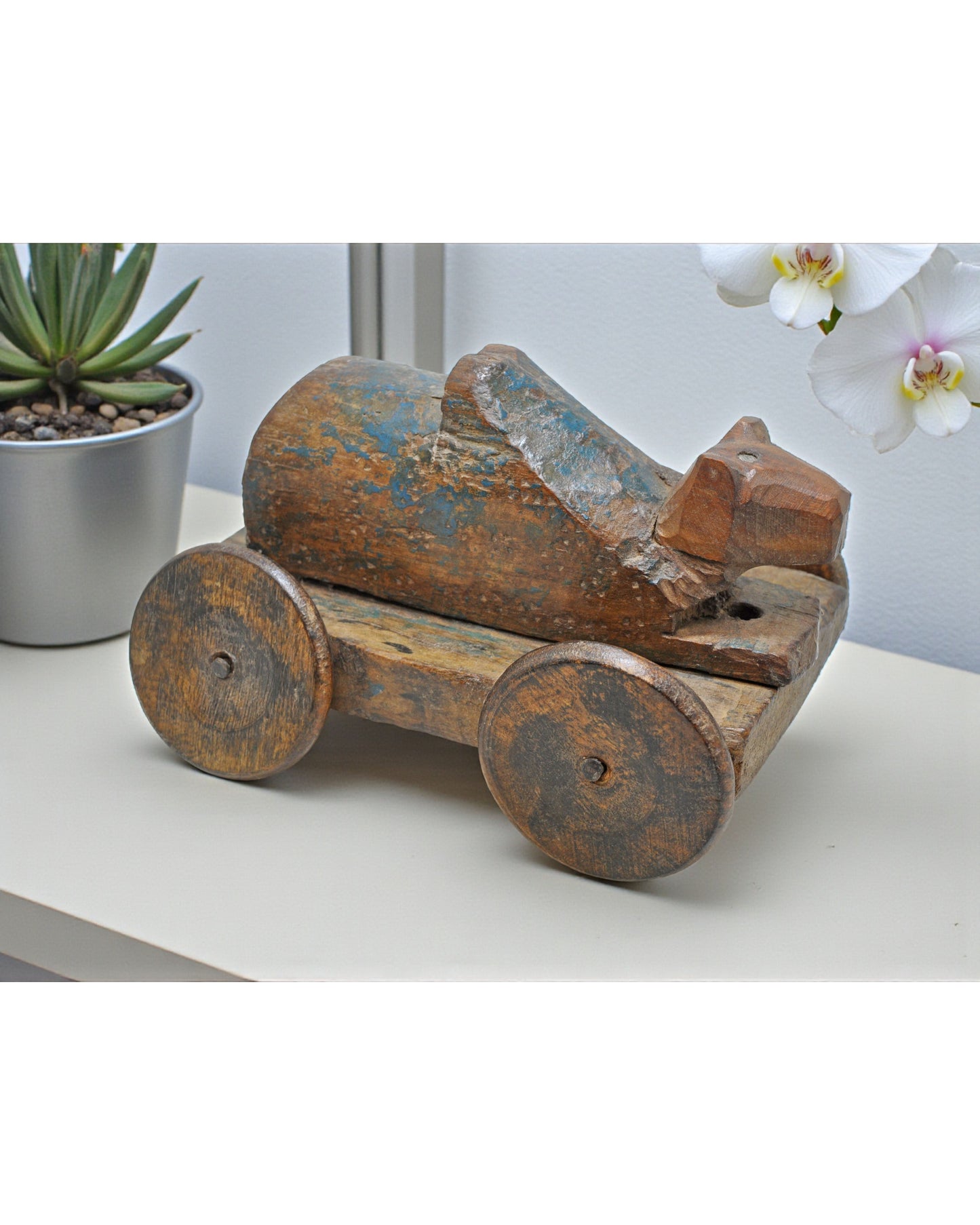 Antique Wooden Cow on Wheels Figurine Original Old Hand Carved