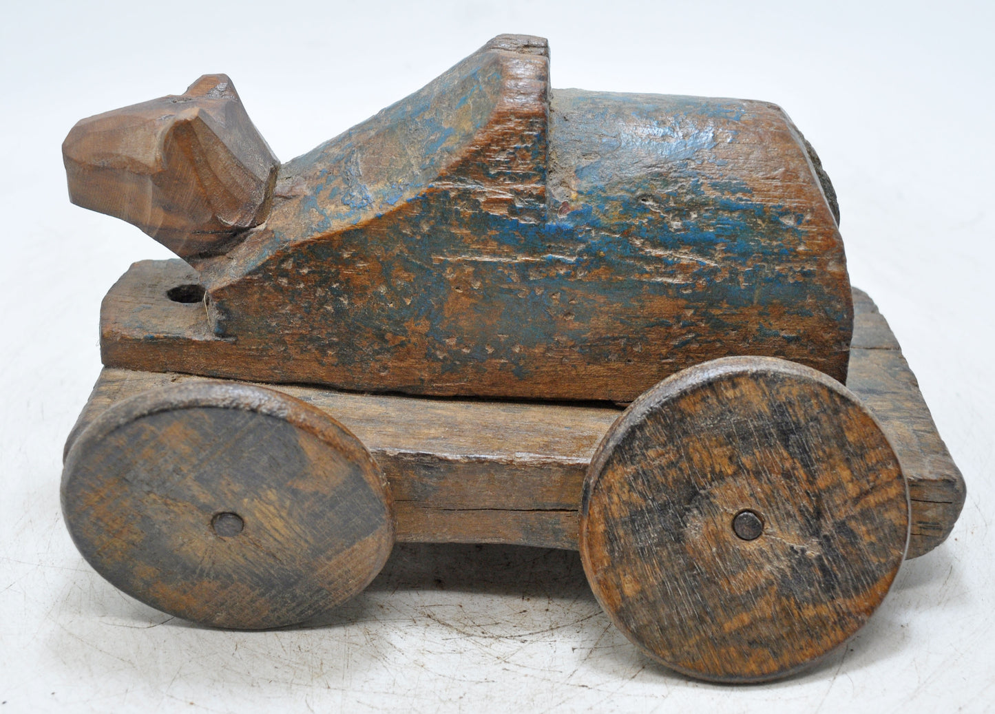 Antique Wooden Cow on Wheels Figurine Original Old Hand Carved