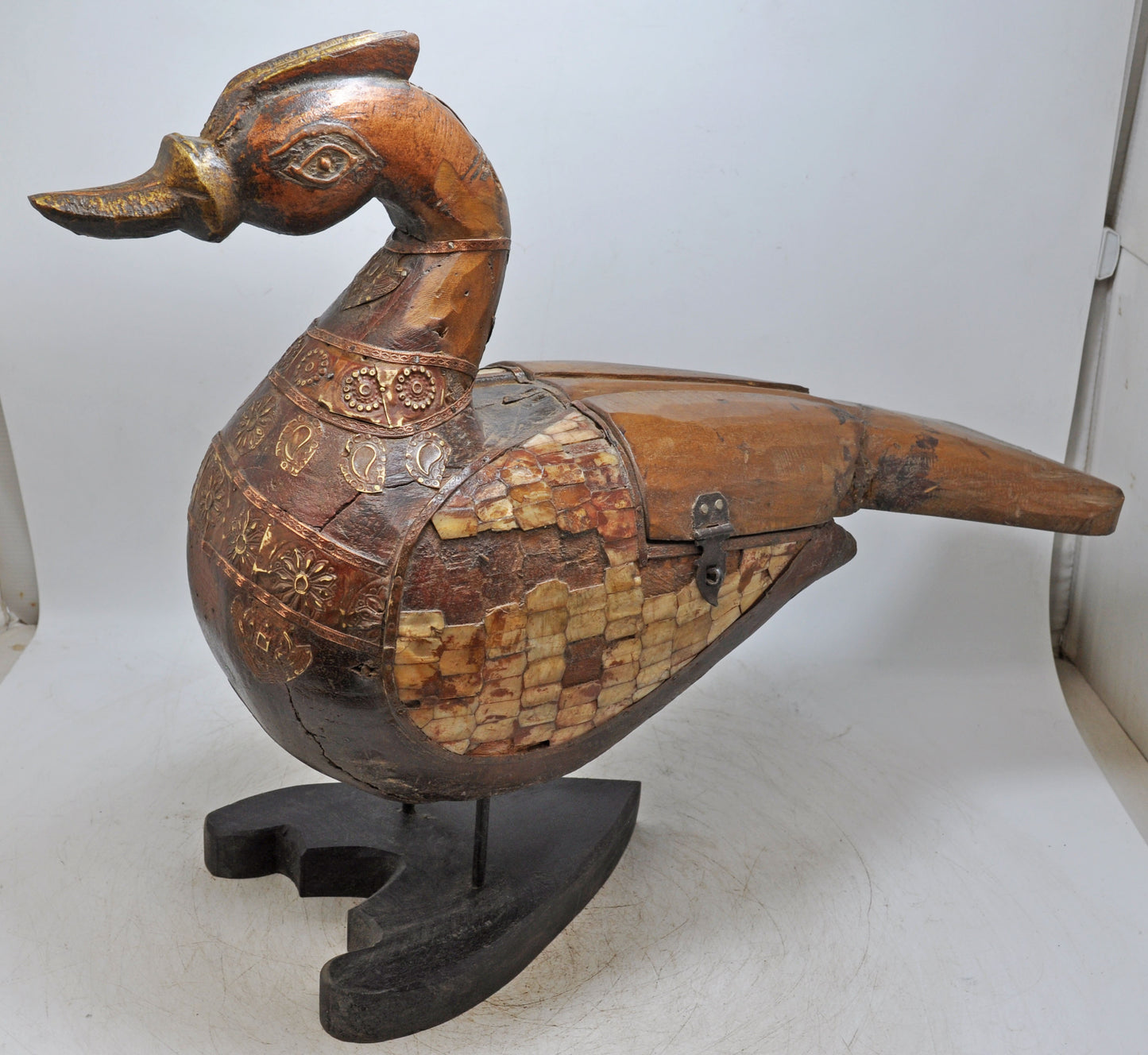 Antique Wooden Large Peacock Figurine Storage Box Very Fine Brass MOP Fitting